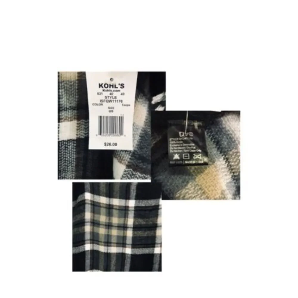 Kohl's Womens Large Gray Brown‎ Black White Plaid Acrylic Scarf/Wrap
